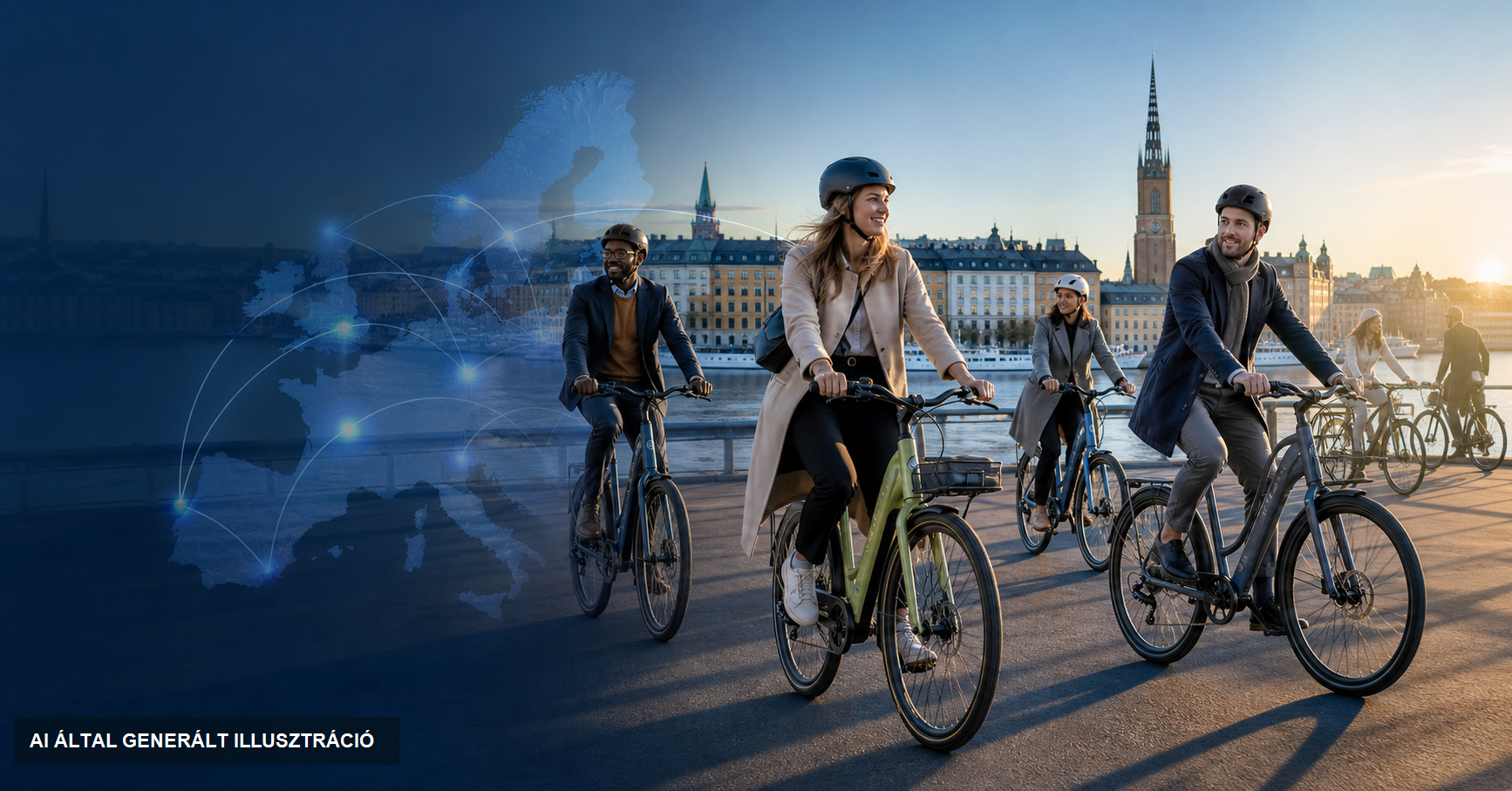 AI által generált illusztráció: munkába kerékpározók Stockholm városi környezetében, európai kapcsolati hálóval