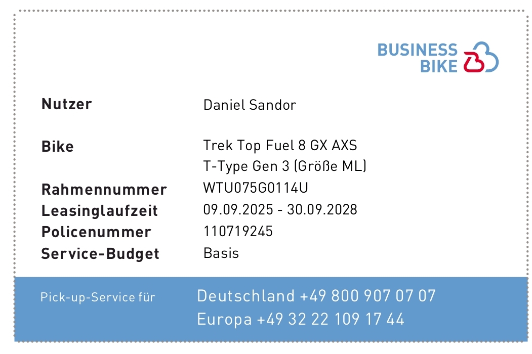BusinessBike Card a Trek Top Fuel lízingadataival